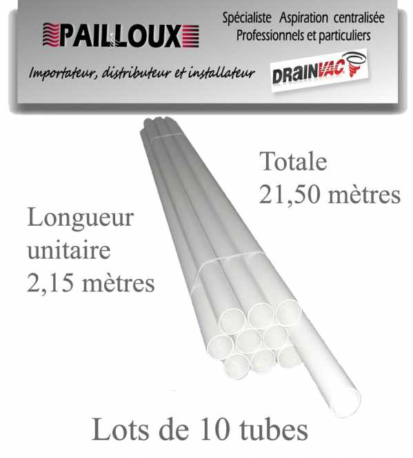 Tuyauterie pvc lots 10 tubes longueurs 2 mètre 15 cm en diamètre 51mm pour aspiration centralisée drainvac accessoires akaplast sas pailloux 