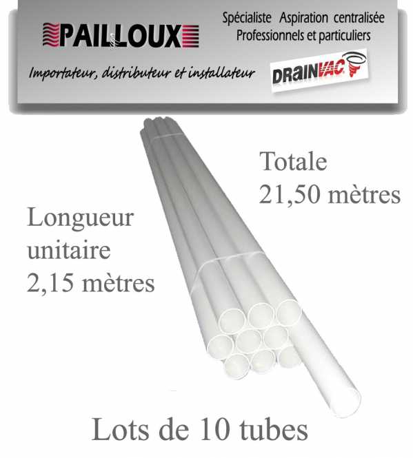 Tuyauterie pvc lots 10 tubes longueurs 2 mètre 15 cm en diamètre 51mm pour aspiration centralisée drainvac accessoires akaplast sas pailloux 